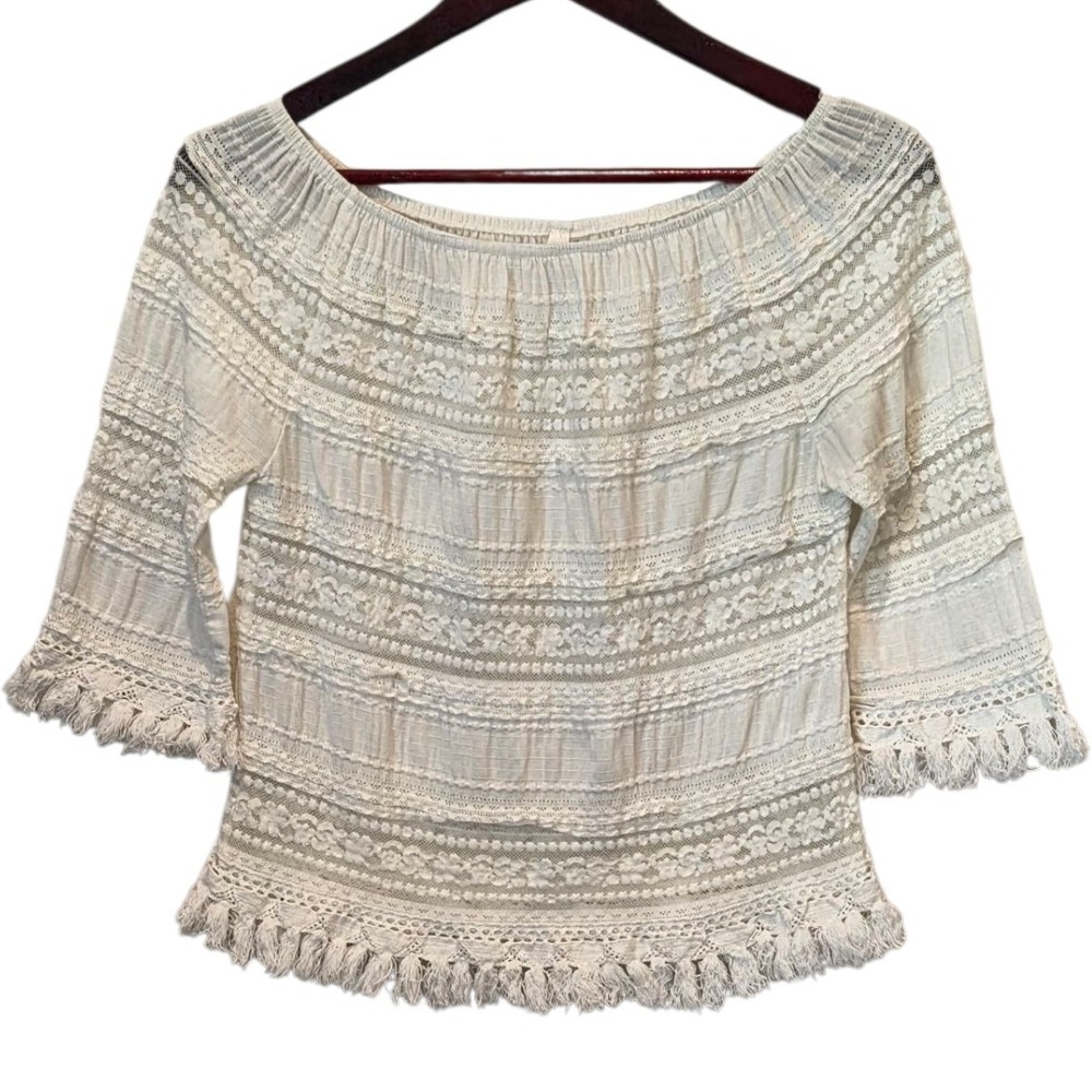 Mur Mur Off The Shoulder Lace Tassel Blouse White Cream Women's Size‎ Medium - Picture 3 of 7